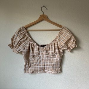 Forever 21 Cropped Puff Sleeve Plaid Top